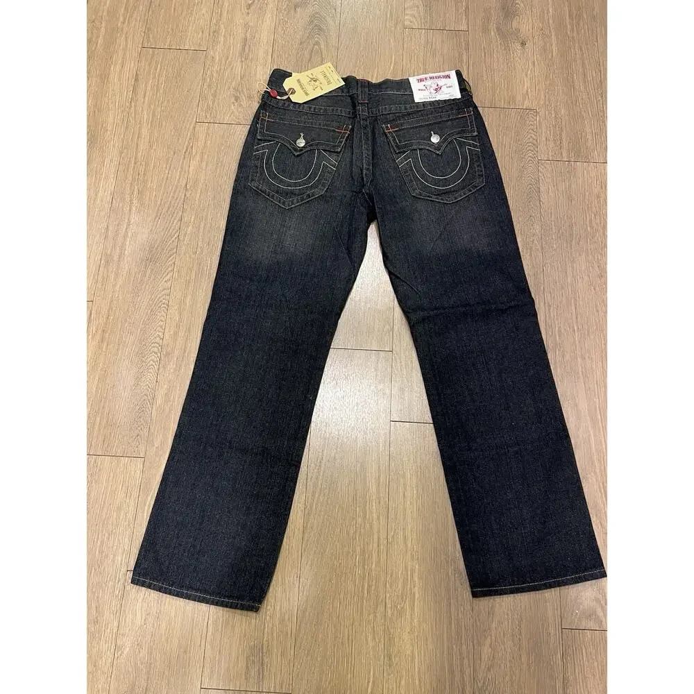 New True Religion Black Straight Ricky Jeans USA 34 Big T Flap Y2K